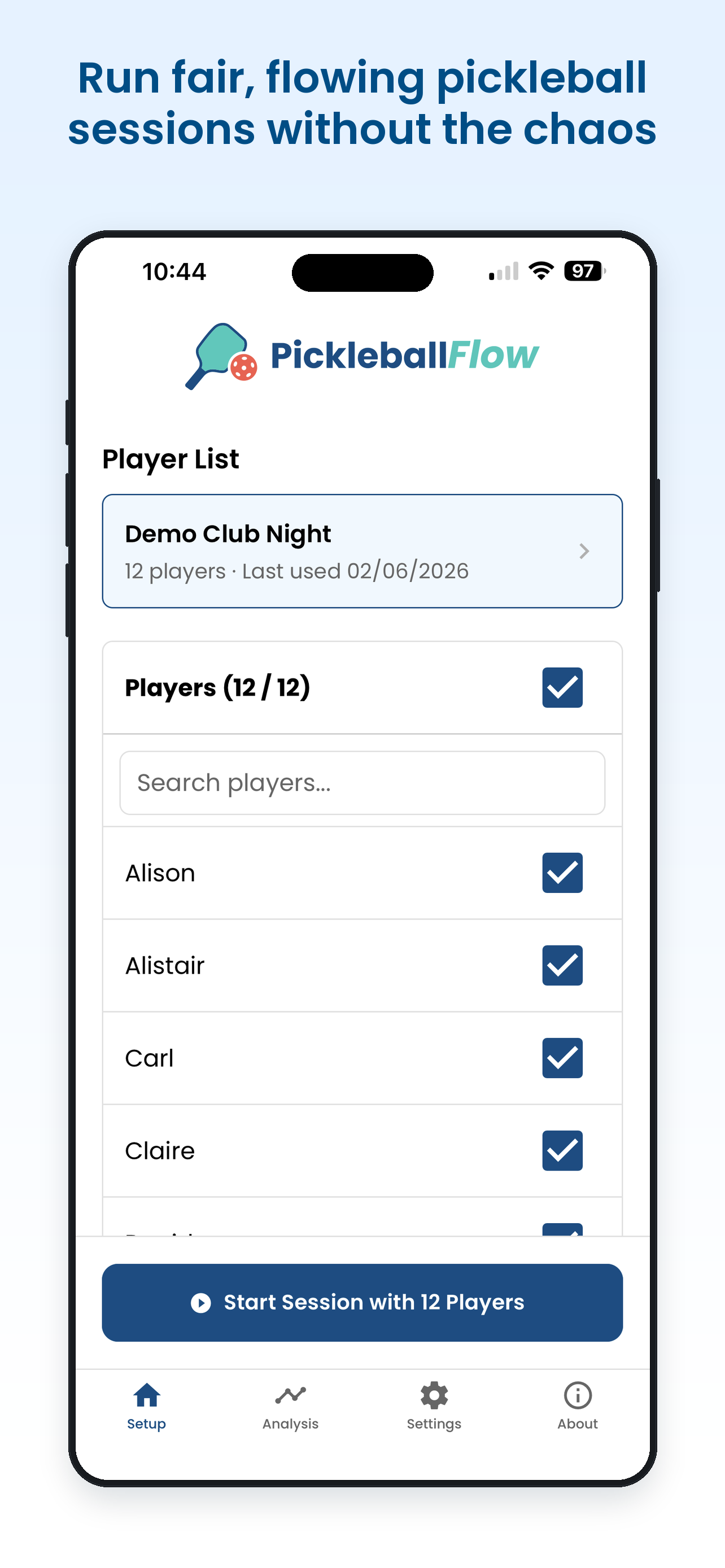 PickleballFlow screenshot: run fair, flowing pickleball sessions without the chaos
