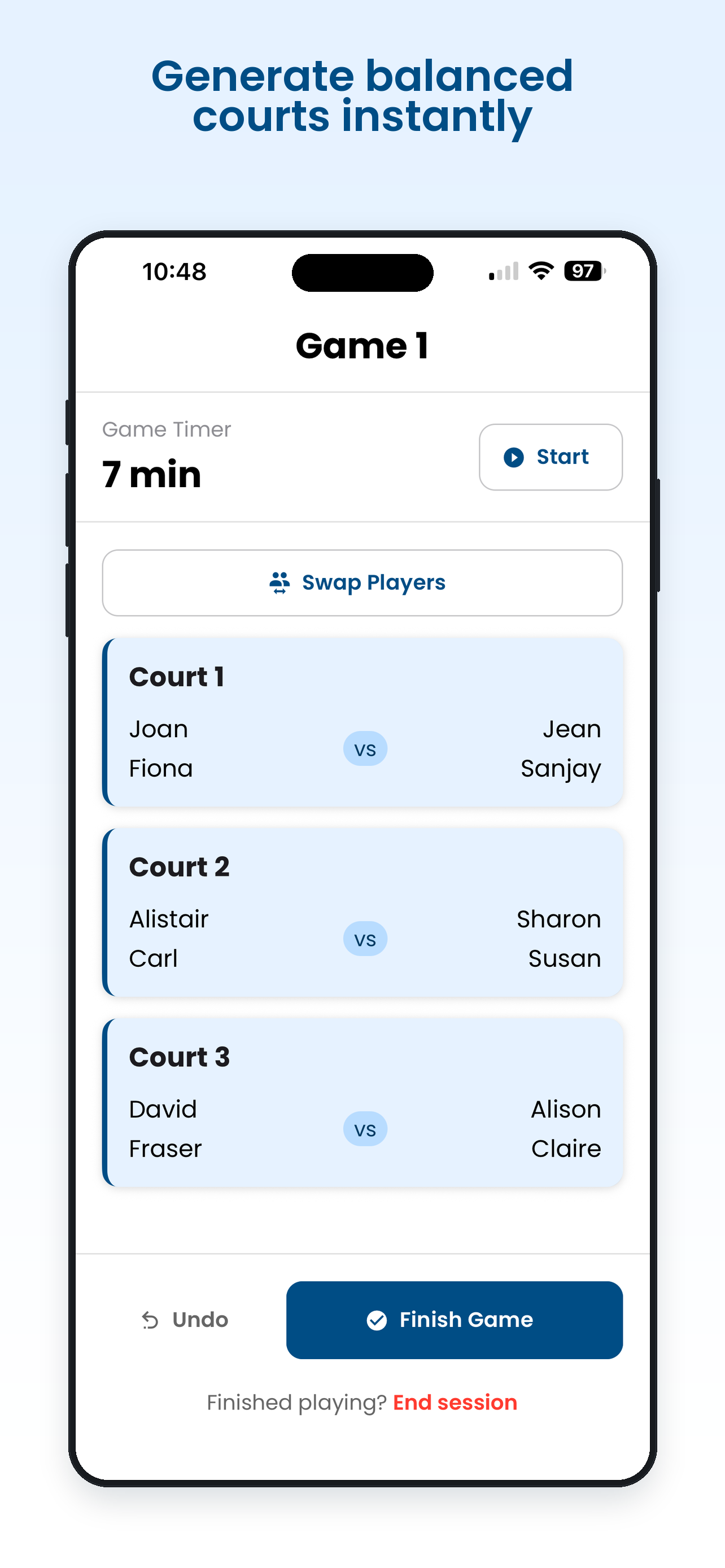PickleballFlow screenshot: generate balanced courts instantly