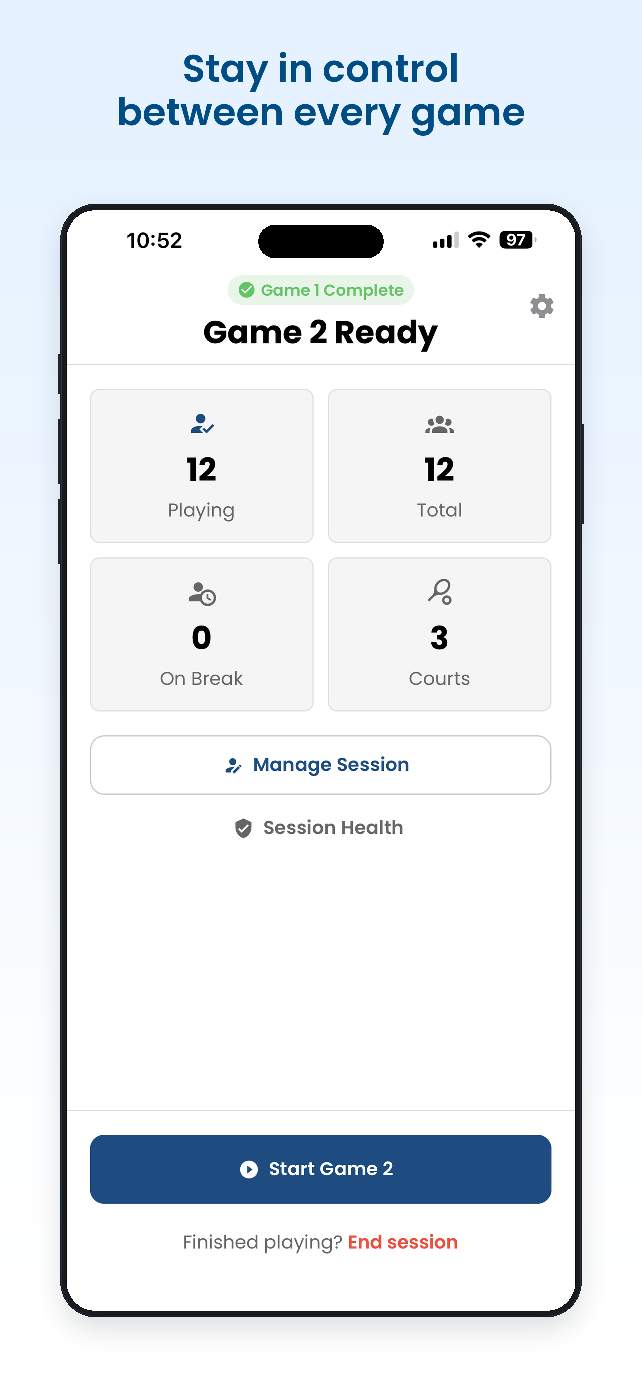 PickleballFlow screenshot: stay in control between every game