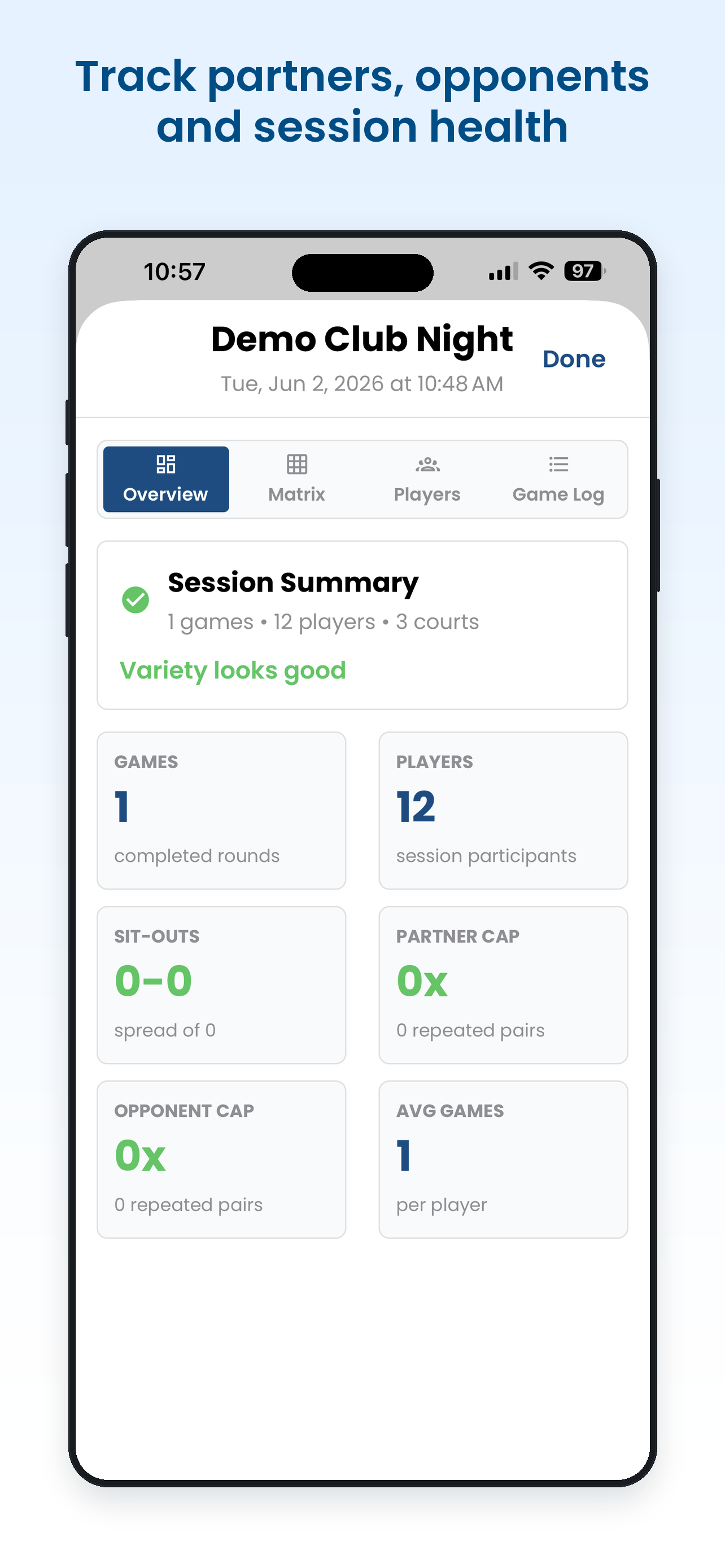PickleballFlow screenshot: track partners, opponents and session health