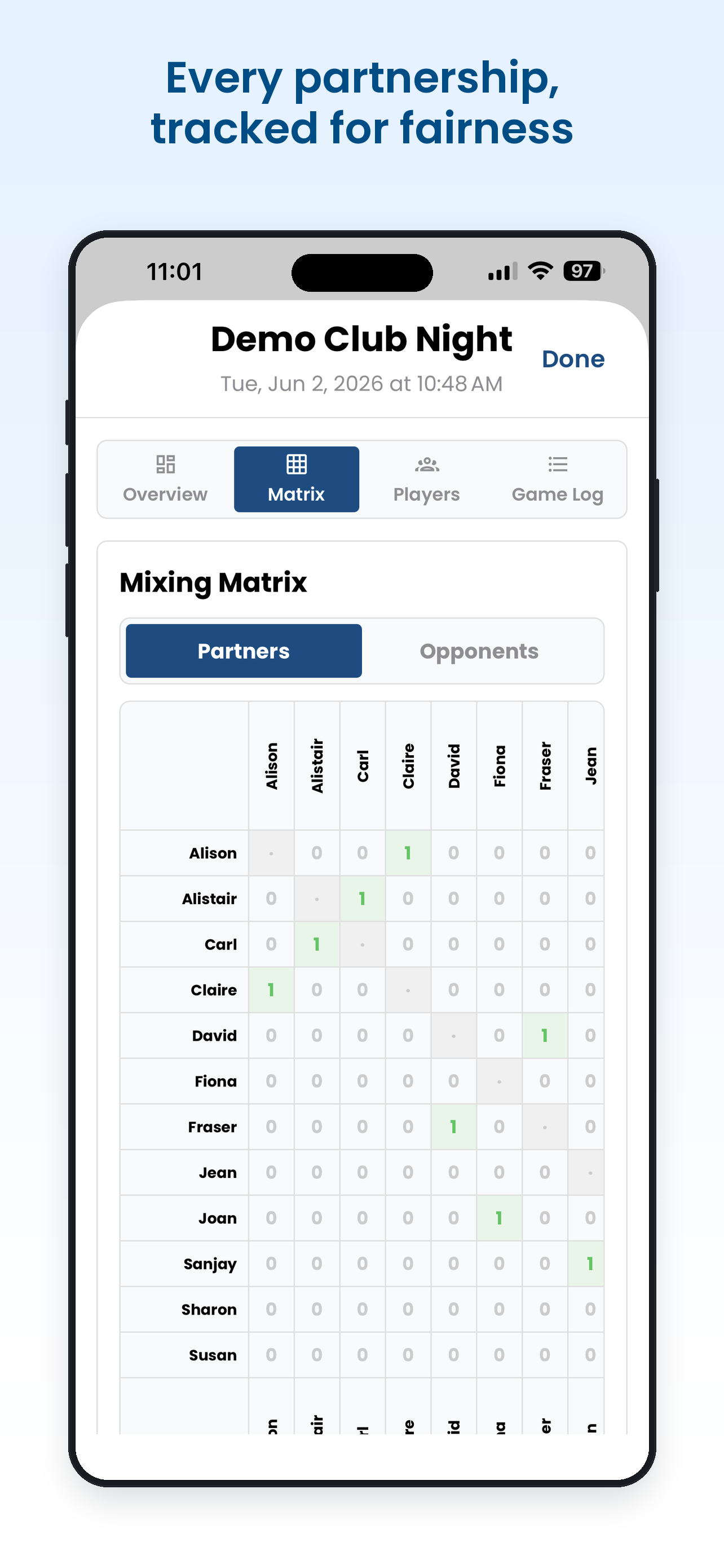 PickleballFlow screenshot: every partnership, tracked for fairness