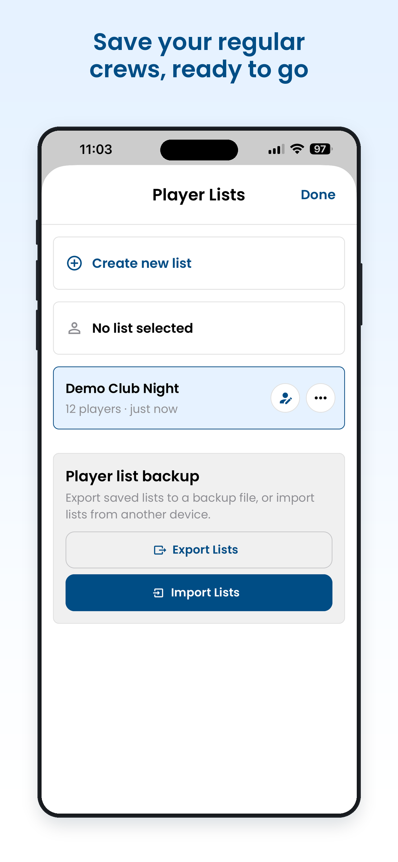 PickleballFlow screenshot: save your regular crews, ready to go