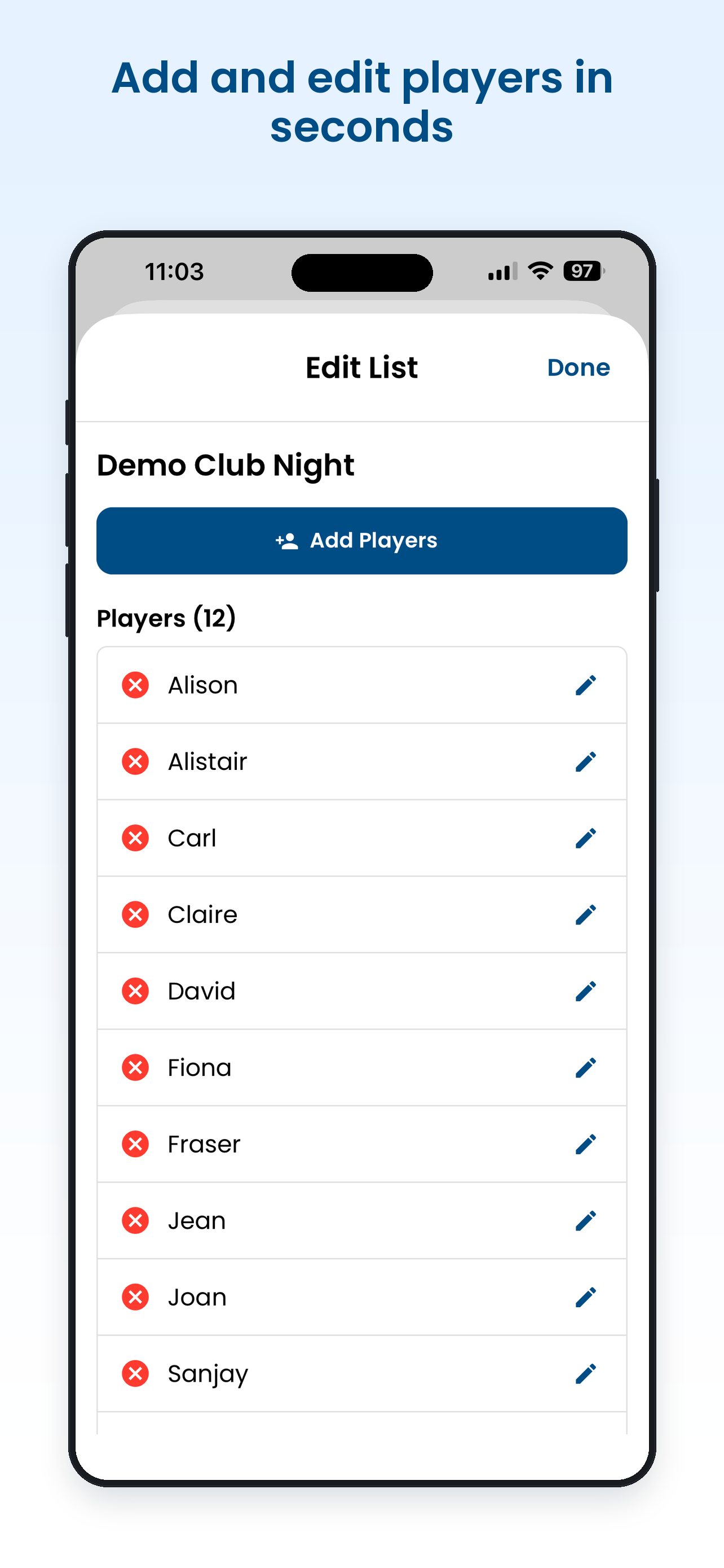 PickleballFlow screenshot: add and edit players in seconds